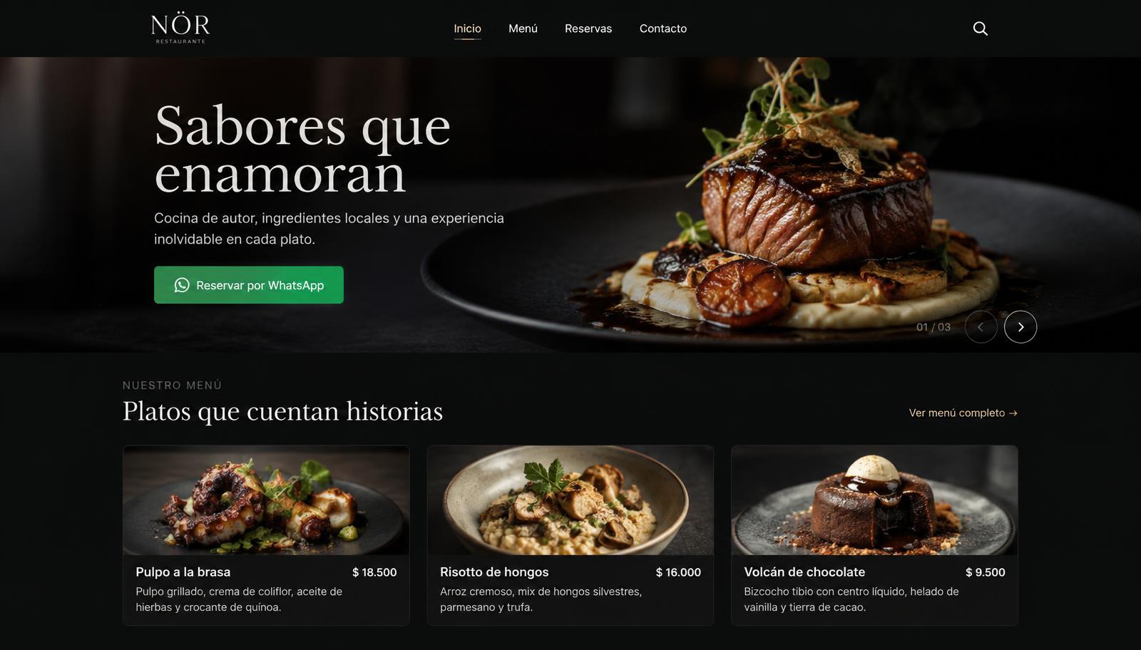 Captura interactiva del desarrollo web: Landing gastronómica con carta digital y reservas por WhatsApp. - Carta digital, fotos que abren el apetito y reservas en un solo toque